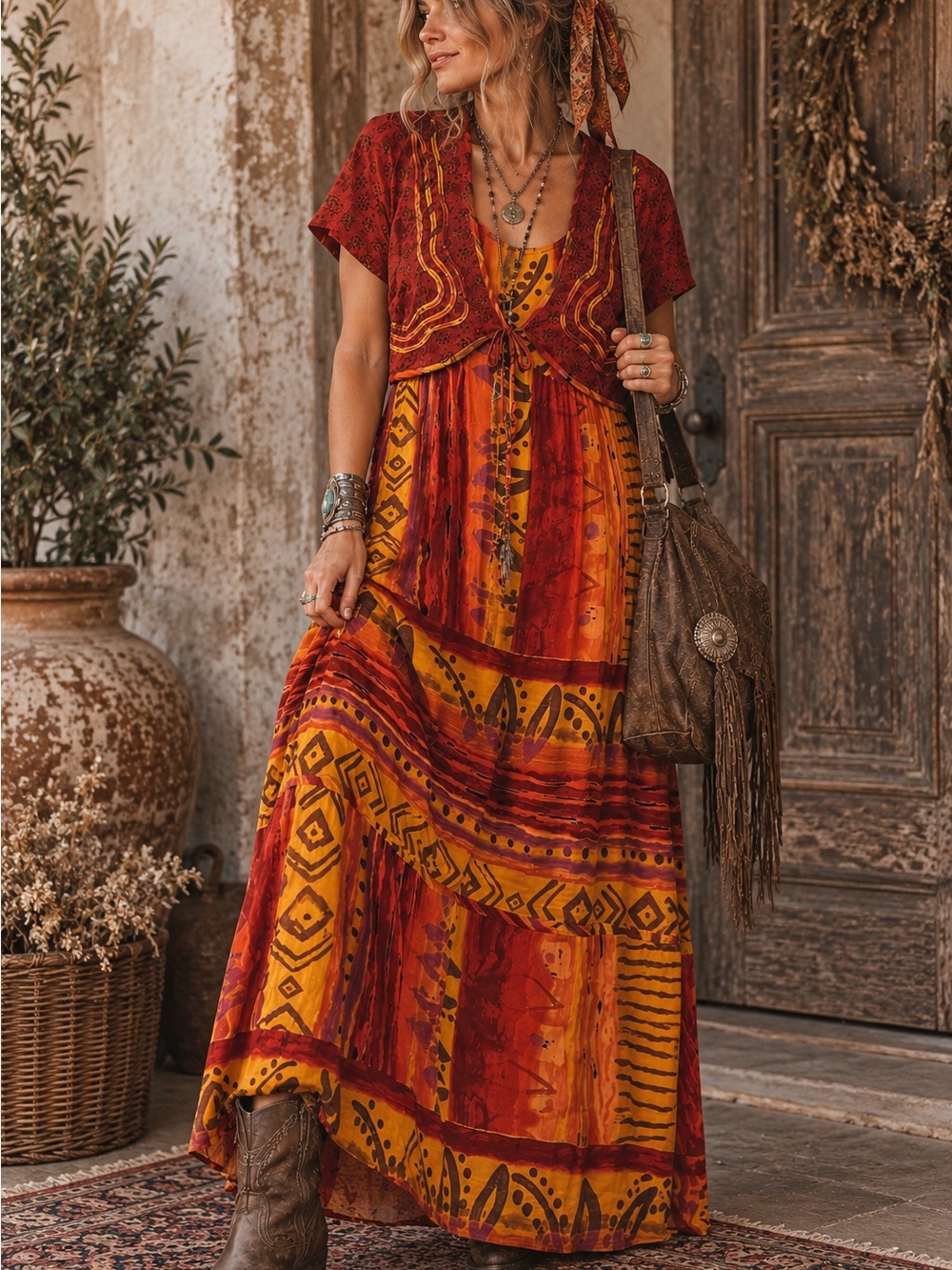 Boho Tiered Maxi Dress in Red & Mustard